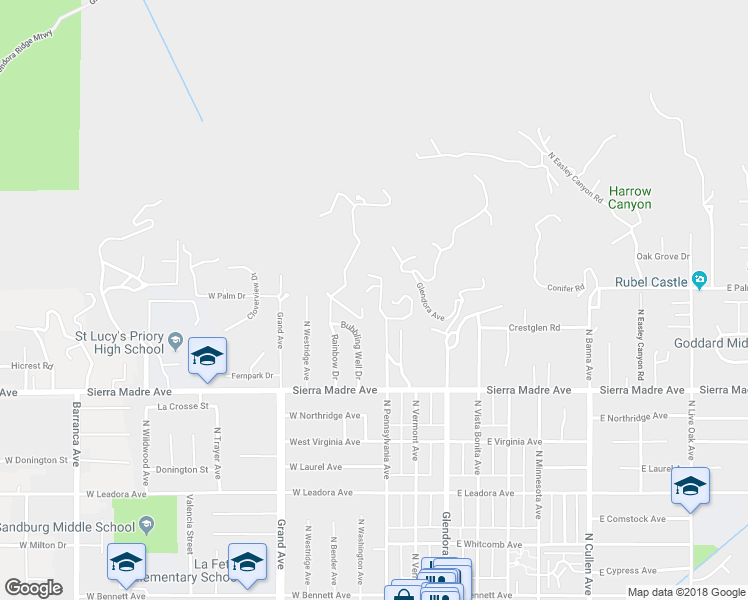 map of restaurants, bars, coffee shops, grocery stores, and more near 835 Pennsylvania Lane in Glendora