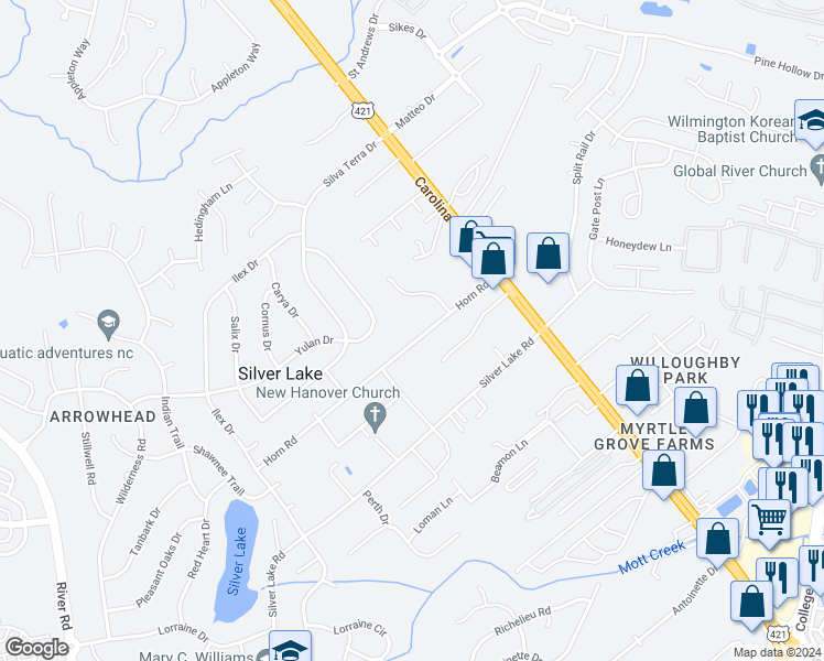 map of restaurants, bars, coffee shops, grocery stores, and more near 118B Horn Road in Wilmington