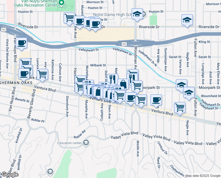 map of restaurants, bars, coffee shops, grocery stores, and more near 13846 Moorpark Street in Los Angeles