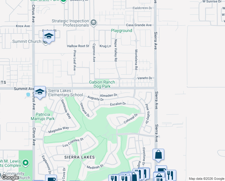 map of restaurants, bars, coffee shops, grocery stores, and more near 5724 Contenta Court in Fontana