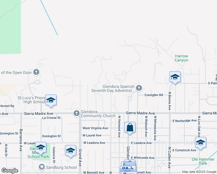 map of restaurants, bars, coffee shops, grocery stores, and more near 835 Pennsylvania Lane in Glendora