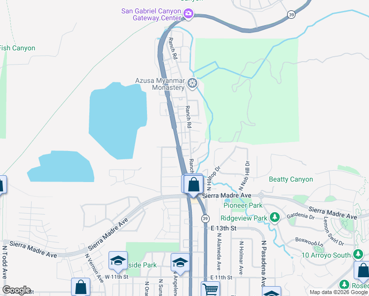 map of restaurants, bars, coffee shops, grocery stores, and more near 269 Alder Court in Azusa