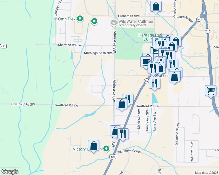 map of restaurants, bars, coffee shops, grocery stores, and more near 1010 Miller Street Southwest in Cullman