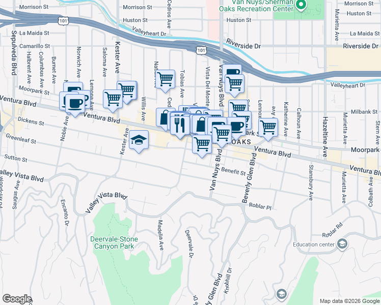 map of restaurants, bars, coffee shops, grocery stores, and more near Dickens Street in Los Angeles
