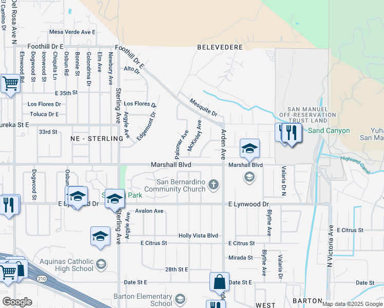 map of restaurants, bars, coffee shops, grocery stores, and more near 25980 Edgemont Drive in San Bernardino