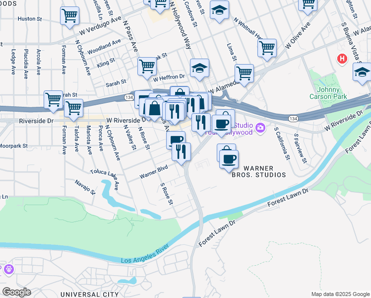 map of restaurants, bars, coffee shops, grocery stores, and more near 125 North Maple Street in Burbank