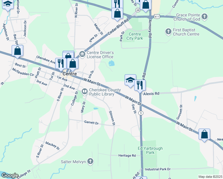 map of restaurants, bars, coffee shops, grocery stores, and more near 725 East Main Street in Centre