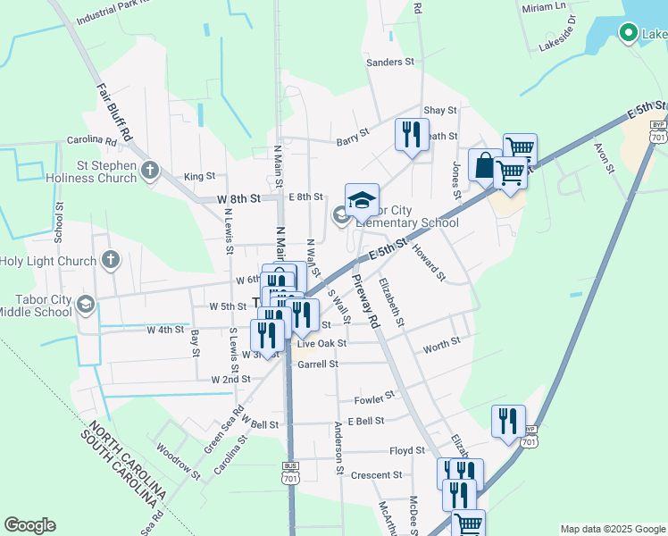 map of restaurants, bars, coffee shops, grocery stores, and more near 207 East 5th Street in Tabor City