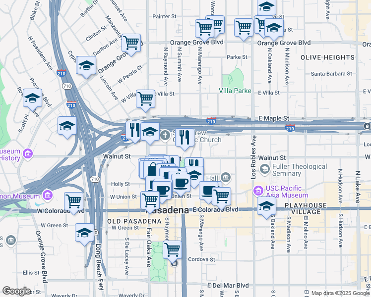 map of restaurants, bars, coffee shops, grocery stores, and more near in Pasadena