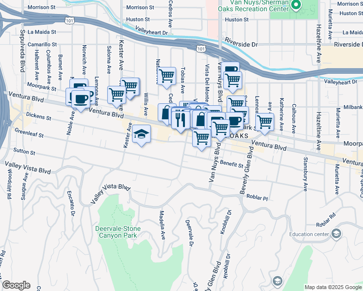 map of restaurants, bars, coffee shops, grocery stores, and more near 14600 Dickens Street in Los Angeles