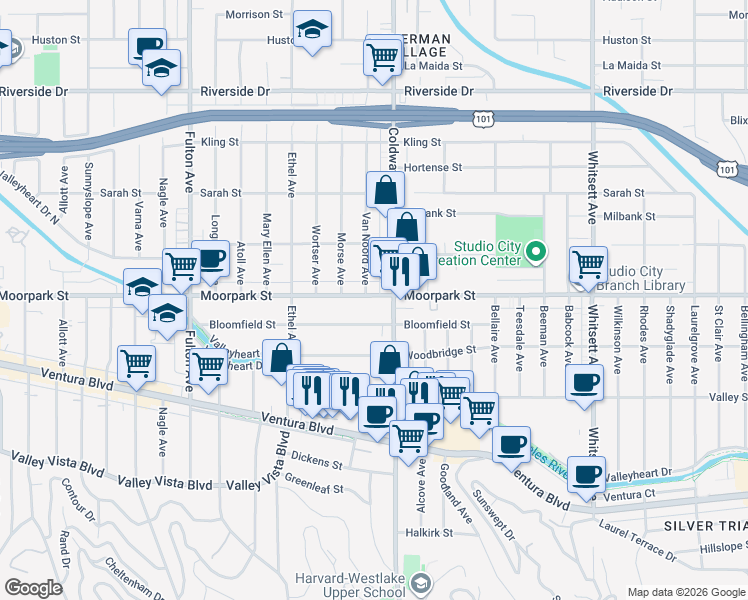 map of restaurants, bars, coffee shops, grocery stores, and more near 12916 Moorpark Street in Los Angeles