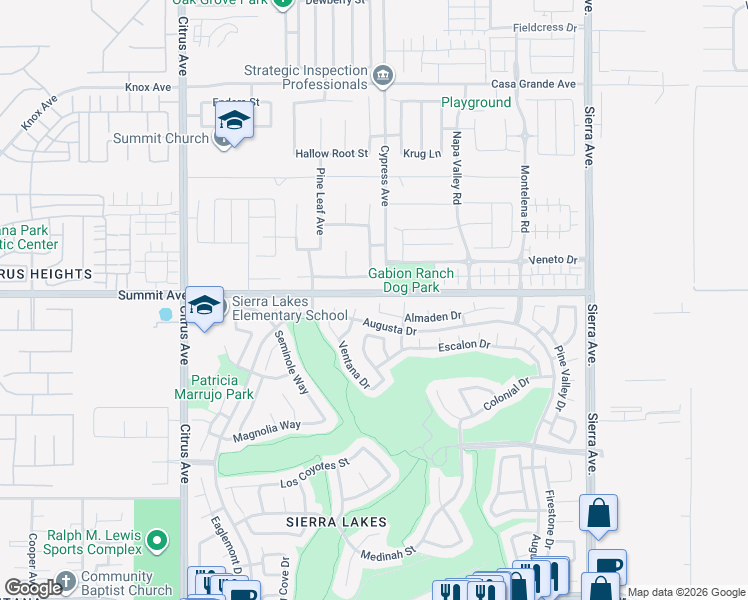 map of restaurants, bars, coffee shops, grocery stores, and more near 16461 Basswood Lane in Fontana