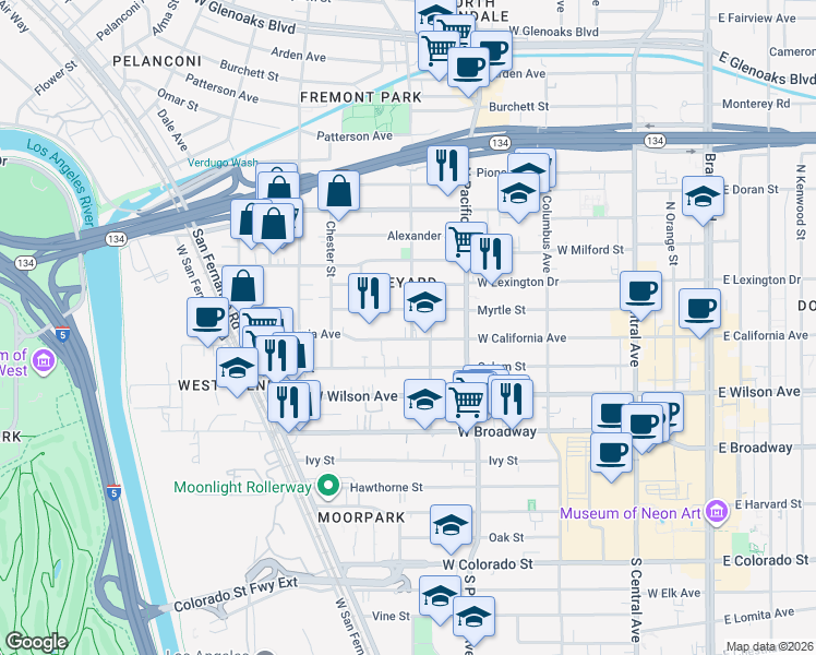 map of restaurants, bars, coffee shops, grocery stores, and more near 614 Myrtle Street in Glendale