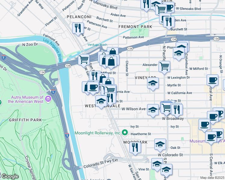 map of restaurants, bars, coffee shops, grocery stores, and more near 749 West California Avenue in Glendale