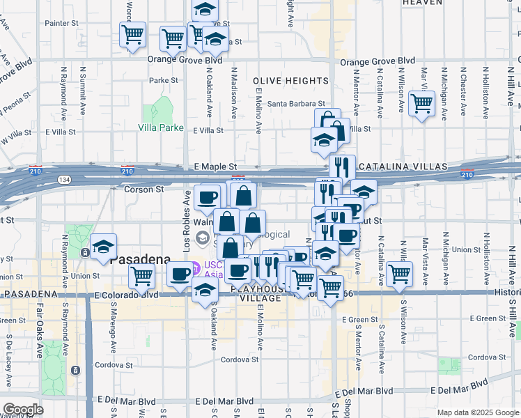 map of restaurants, bars, coffee shops, grocery stores, and more near 244 North El Molino Avenue in Pasadena