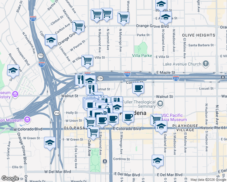map of restaurants, bars, coffee shops, grocery stores, and more near 164 Chestnut Street in Pasadena