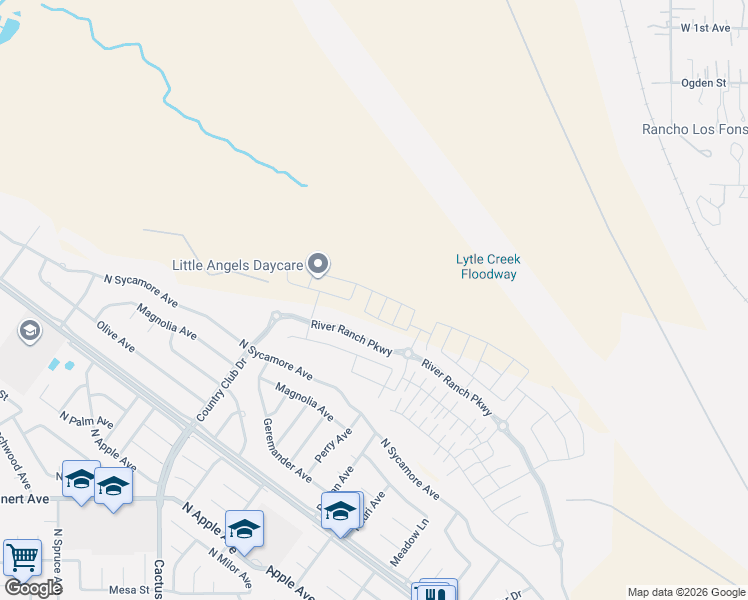 map of restaurants, bars, coffee shops, grocery stores, and more near 5871 North Sycamore Avenue in Rialto