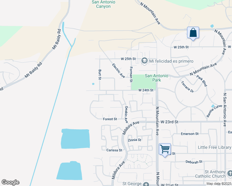 map of restaurants, bars, coffee shops, grocery stores, and more near 1415 West 24th Street in Upland