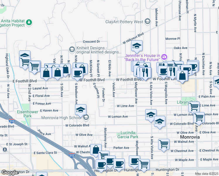 map of restaurants, bars, coffee shops, grocery stores, and more near 144 Fowler Drive in Monrovia