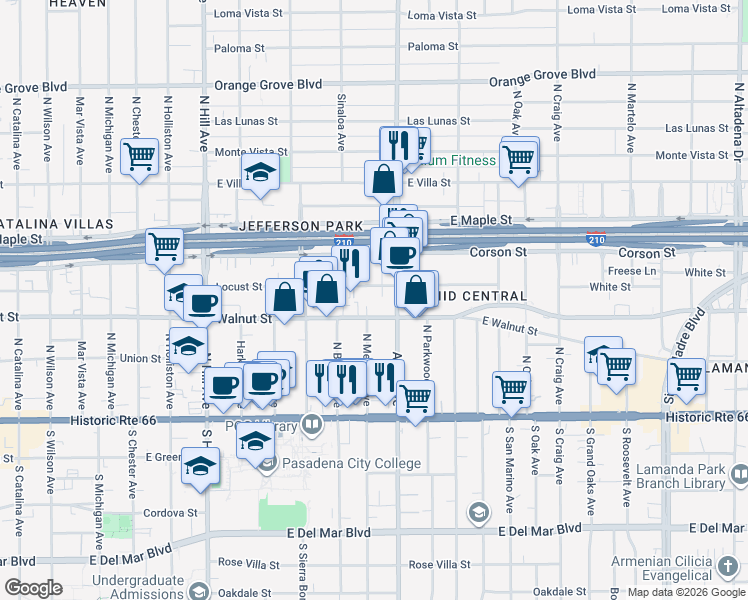 map of restaurants, bars, coffee shops, grocery stores, and more near 1748 Locust Street in Pasadena