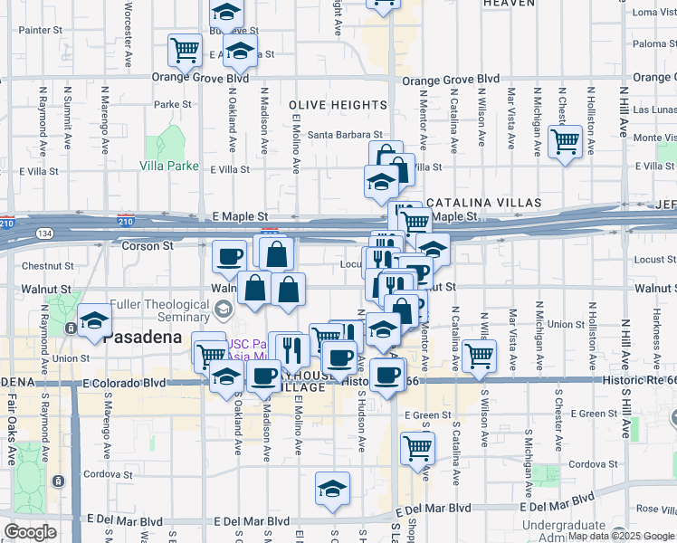 map of restaurants, bars, coffee shops, grocery stores, and more near 713 Locust Street in Pasadena