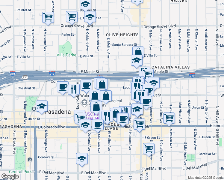 map of restaurants, bars, coffee shops, grocery stores, and more near 244 North El Molino Avenue in Pasadena