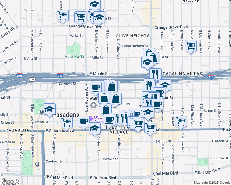 map of restaurants, bars, coffee shops, grocery stores, and more near 244 North El Molino Avenue in Pasadena