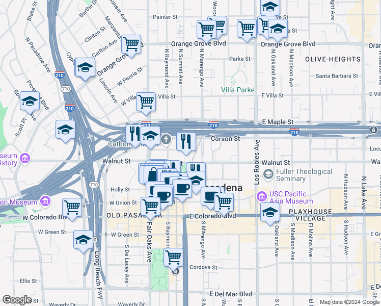 map of restaurants, bars, coffee shops, grocery stores, and more near 145 Chestnut Street in Pasadena