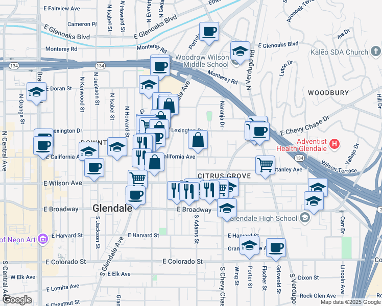 map of restaurants, bars, coffee shops, grocery stores, and more near 315 North Adams Street in Glendale