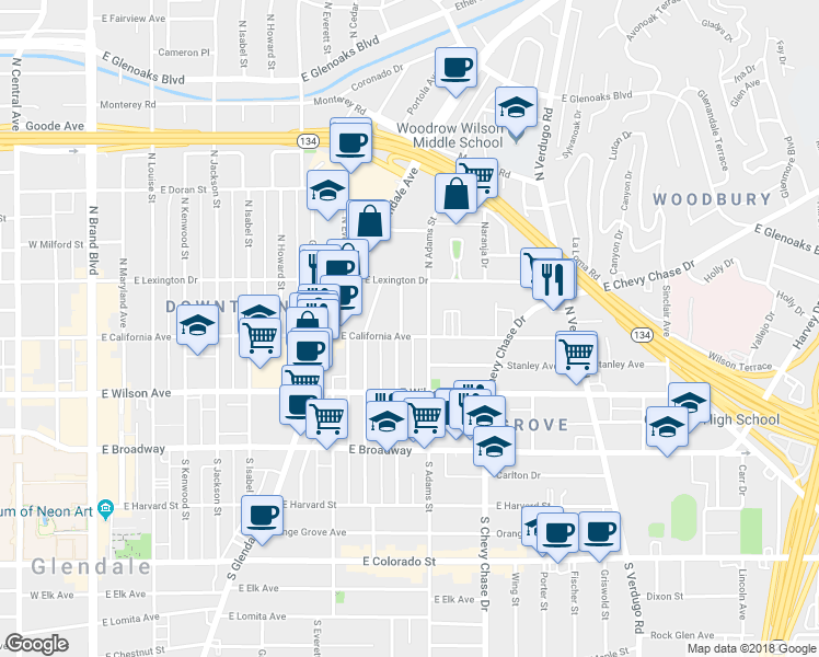 map of restaurants, bars, coffee shops, grocery stores, and more near 315 North Adams Street in Glendale