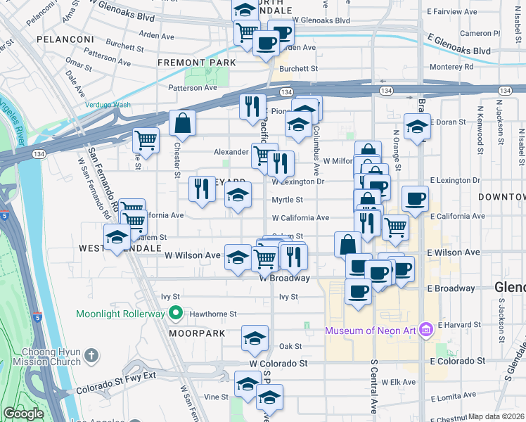 map of restaurants, bars, coffee shops, grocery stores, and more near 312 North Pacific Avenue in Glendale