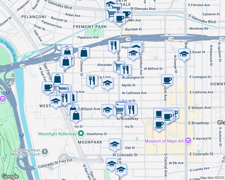 map of restaurants, bars, coffee shops, grocery stores, and more near 528 Myrtle Street in Glendale