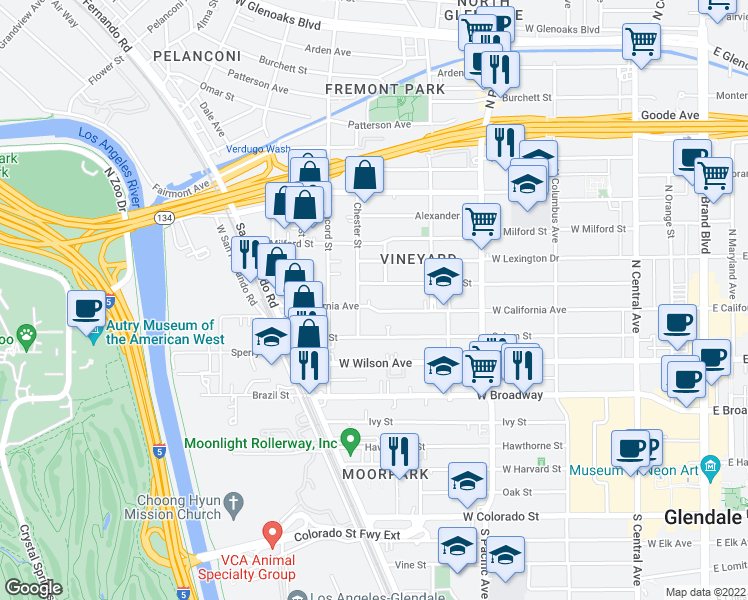 map of restaurants, bars, coffee shops, grocery stores, and more near 650 Myrtle Street in Glendale