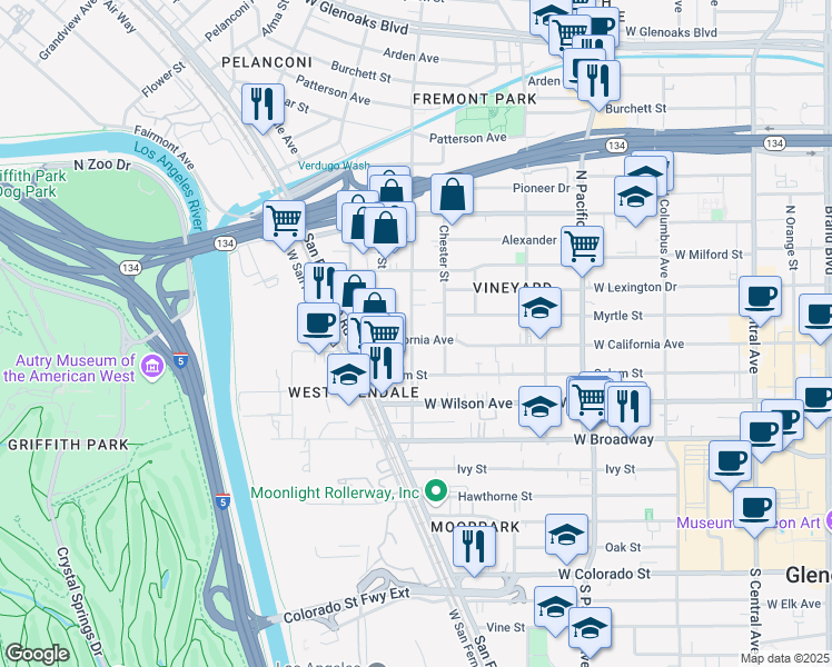 map of restaurants, bars, coffee shops, grocery stores, and more near 324 Concord Street in Glendale