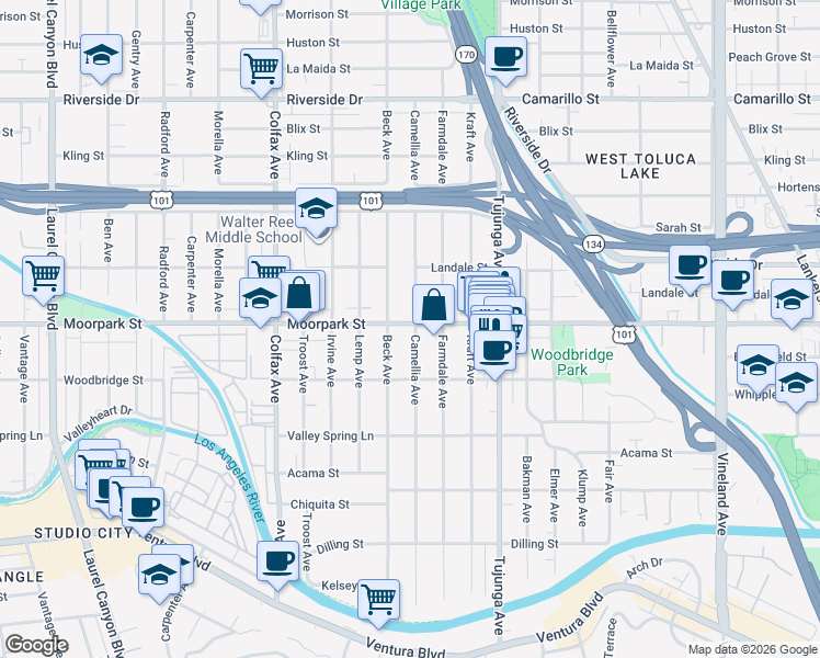 map of restaurants, bars, coffee shops, grocery stores, and more near 4400 Beck Avenue in Los Angeles