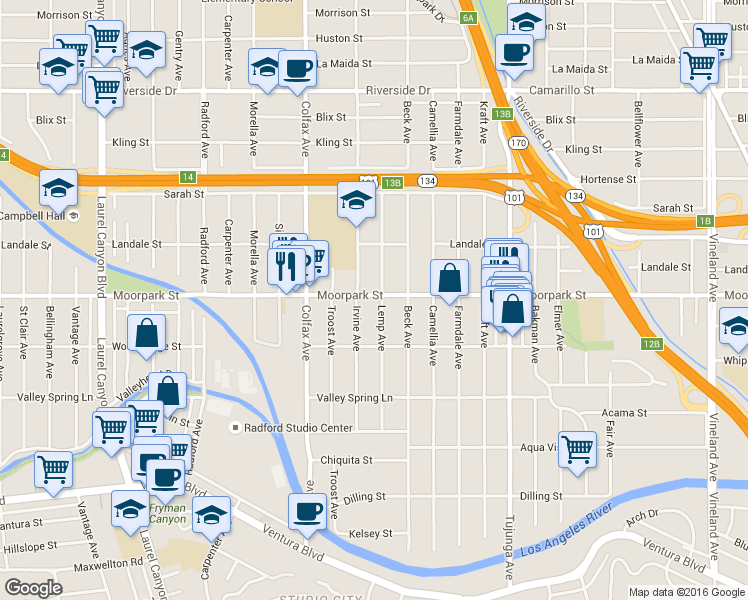 map of restaurants, bars, coffee shops, grocery stores, and more near 11575 Moorpark Street in Los Angeles