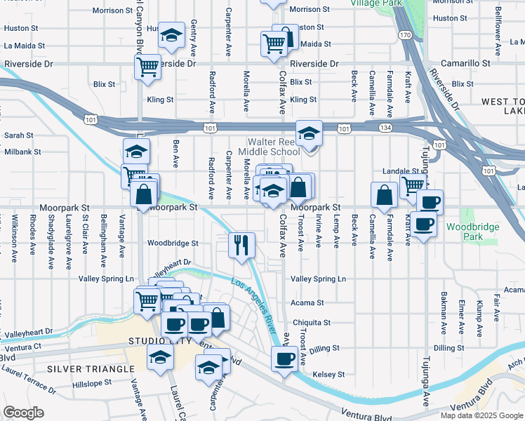 map of restaurants, bars, coffee shops, grocery stores, and more near 11735 Moorpark Street in Los Angeles