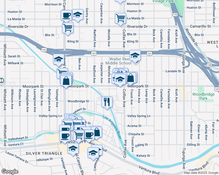 map of restaurants, bars, coffee shops, grocery stores, and more near 4401 Morella Avenue in Los Angeles