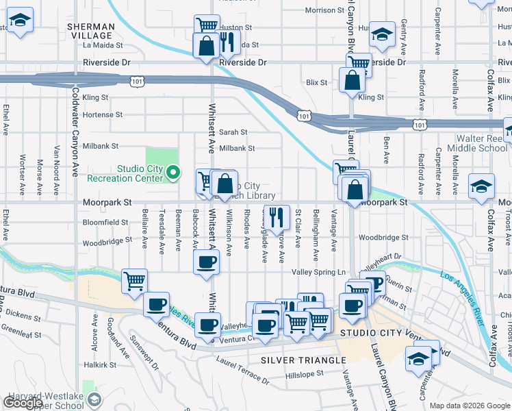 map of restaurants, bars, coffee shops, grocery stores, and more near 12355 Moorpark Street in Los Angeles