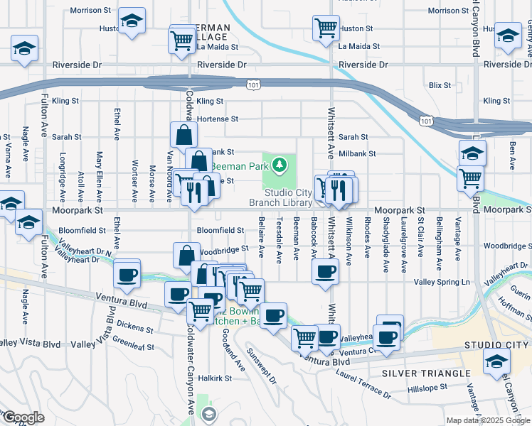 map of restaurants, bars, coffee shops, grocery stores, and more near 12633 Moorpark Street in Los Angeles