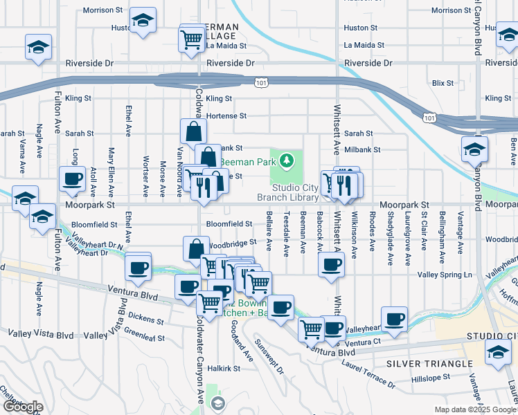map of restaurants, bars, coffee shops, grocery stores, and more near 12715 Moorpark Street in Los Angeles