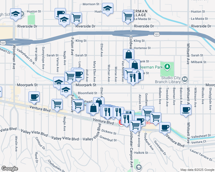 map of restaurants, bars, coffee shops, grocery stores, and more near 13041 Moorpark Street in Los Angeles