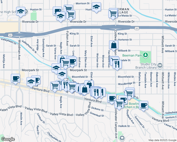 map of restaurants, bars, coffee shops, grocery stores, and more near 13113 Moorpark Street in Los Angeles