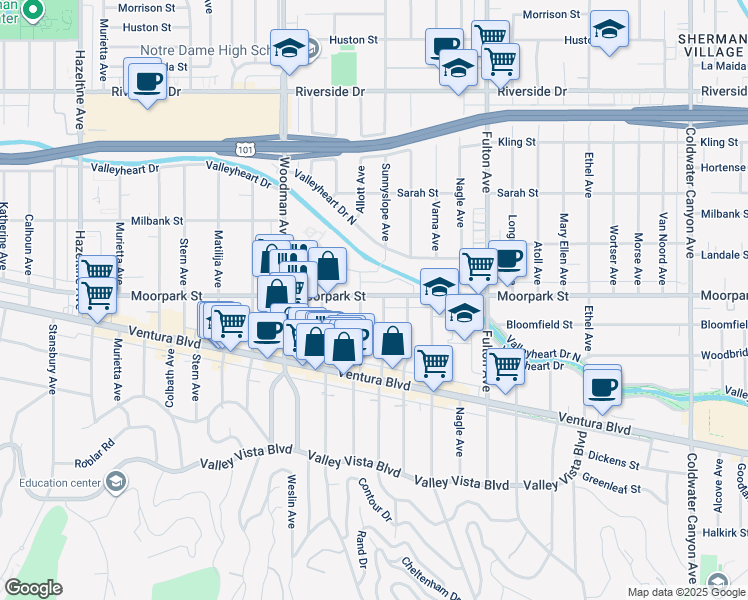 map of restaurants, bars, coffee shops, grocery stores, and more near 4411 Allott Avenue in Los Angeles