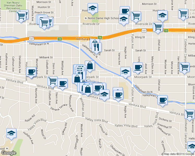 map of restaurants, bars, coffee shops, grocery stores, and more near 4411 Allott Avenue in Los Angeles
