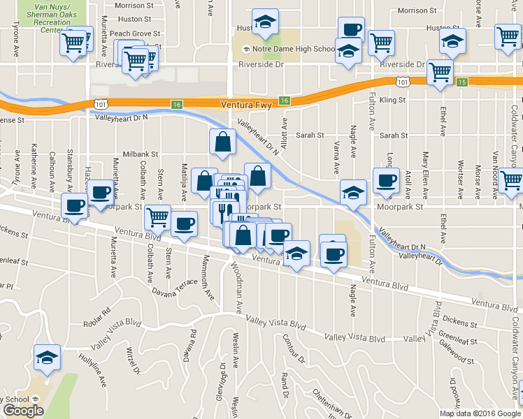 map of restaurants, bars, coffee shops, grocery stores, and more near 13577 Moorpark Street in Los Angeles
