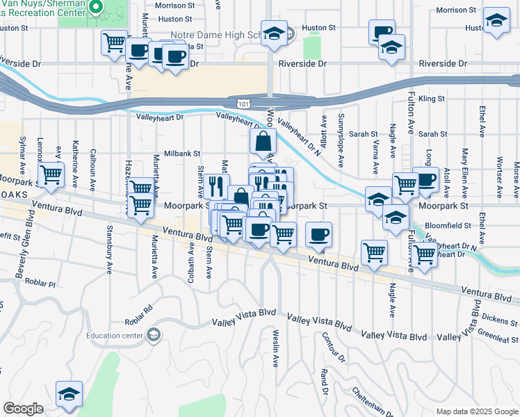 map of restaurants, bars, coffee shops, grocery stores, and more near 4402 Mammoth Avenue in Los Angeles