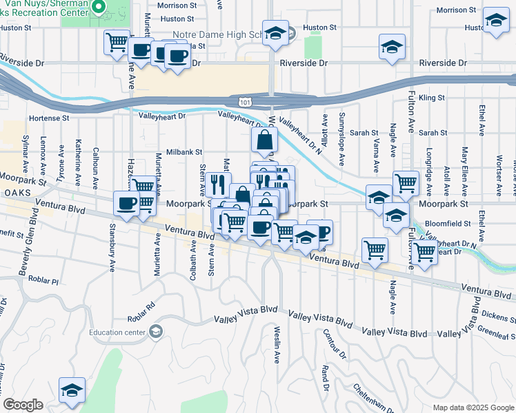map of restaurants, bars, coffee shops, grocery stores, and more near 4402 Mammoth Avenue in Los Angeles