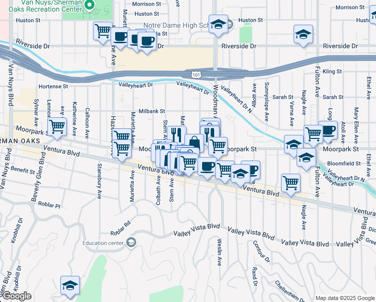 map of restaurants, bars, coffee shops, grocery stores, and more near 4410 Matilija Avenue in Los Angeles