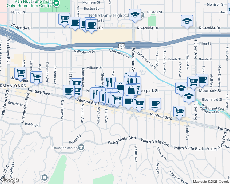 map of restaurants, bars, coffee shops, grocery stores, and more near 4410 Matilija Avenue in Los Angeles